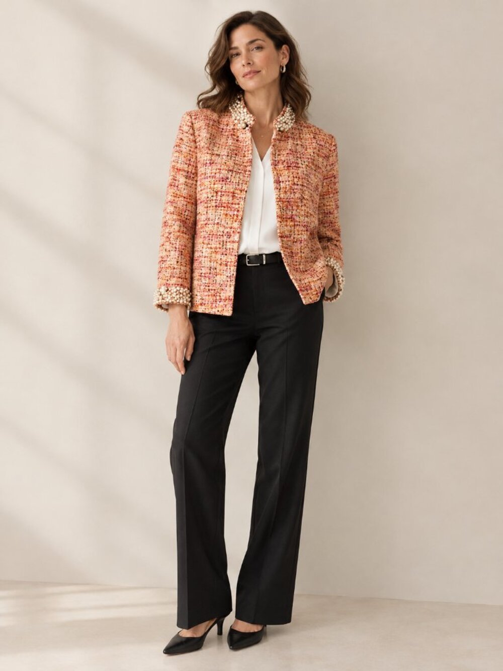 Chico's Pearl Bead Embellished Tweed Blazer Jacket Plaid Orange Small #A5225